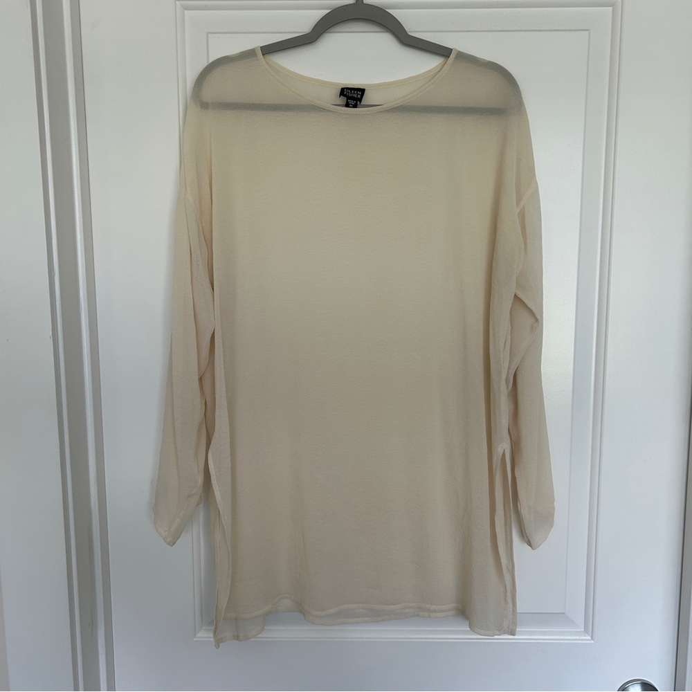 Eileen Fisher Sheer Cream Silk Blend Long Sleeve Tunic Top, Size Medium